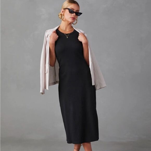 Black Ribbed Knit Midi Dress NEW Med - Picture 7 of 7